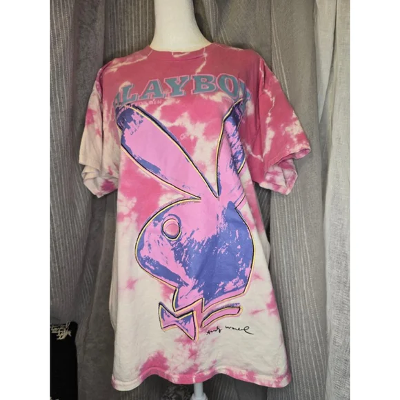 Vintage Unisex Playboy Pink White Tie-Dye Short Sleeve Tee L - Picture 3 of 7